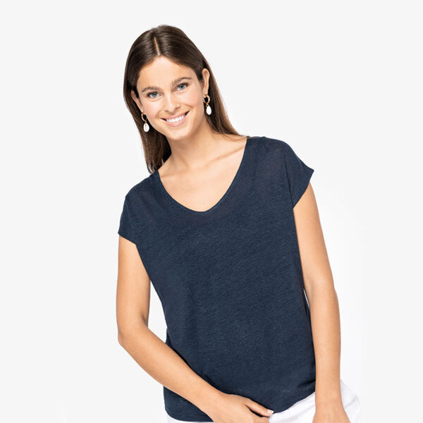Spasso Ladies V Neck Linen T-Shirt Thumbnail